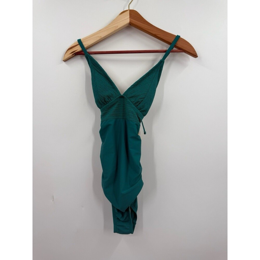 Kona Sol One Piece Bathing Suit XS Teal Green High Cut Lace Back Lightly Padded